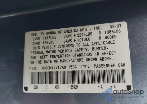 2007 Honda Accord 2.4 Ex from USA, damaged, VIN 1HGCM72717A011504